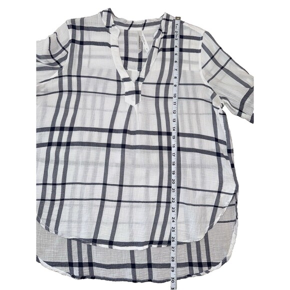 Liverpool Blue White Plaid Split Neck Long Sleeve Lightweight Blouse Size L - Picture 15 of 16